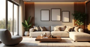 Sala de estar elegante e personalizada com móveis modernos, cores neutras e iluminação natural abundante
