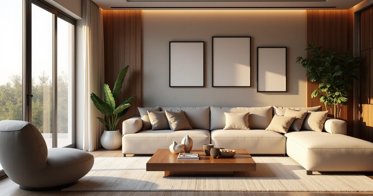 Sala de estar elegante e personalizada com móveis modernos, cores neutras e iluminação natural abundante
