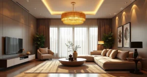 Sala de estar moderna com iluminação elegante, lustre pendente dourado, luz natural e luminárias embutidas
