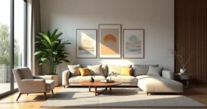Sala de estar moderna em casa com decoração elegante e iluminação natural abundante