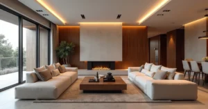 Sala contemporânea reformada com decoração sofisticada e detalhes em madeira e iluminação acolhedora