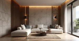 Ambiente interno com paredes revestidas em porcelanato e pastilhas geométricas, piso de madeira natural e iluminação sofisticada