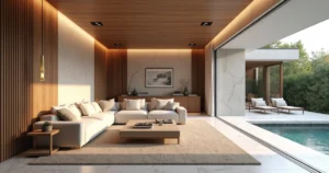 Ambiente sofisticado com revestimentos modernos em parede e piso, elementos geométricos e textura em relevo