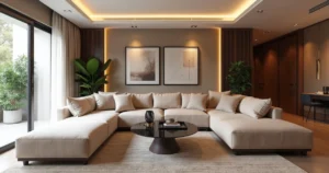 Sala de estar elegante com decoração personalizada, móveis sofisticados e iluminação aconchegante