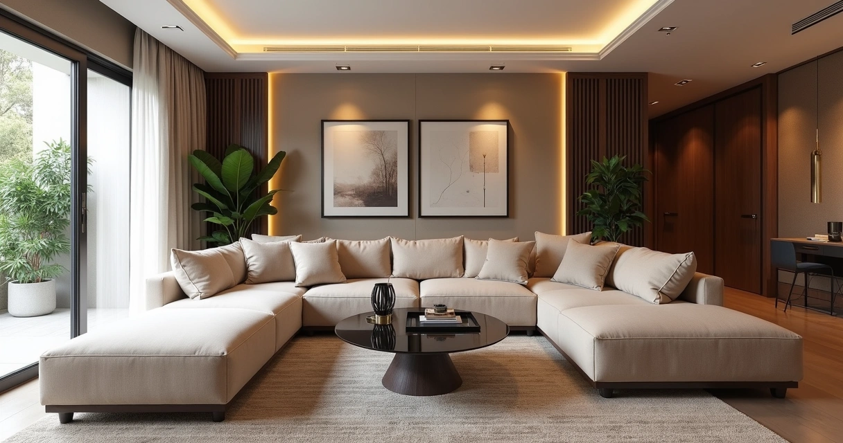 Sala de estar elegante com decoração personalizada, móveis sofisticados e iluminação aconchegante