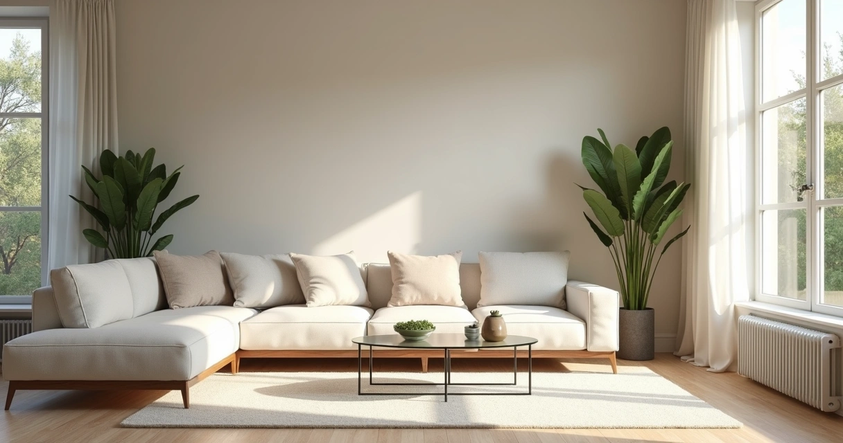 Sala pequena com decoração em tons claros que ampliam o ambiente, luz natural, móveis minimalistas e plantas