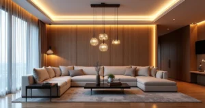 Sala de estar sofisticada com iluminação luminotécnica detalhada, combinando luz direta e indireta com luminárias modernas e luz natural