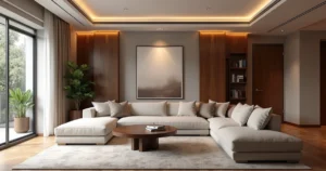 Sala de estar moderna com elementos de decoração em transição, iluminação suave e móveis elegantes