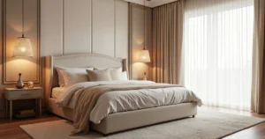 Quarto elegante e aconchegante com cama central, cabeceira estofada clara, almofadas decorativas, tapete macio, iluminação indireta com arandelas e cortinas leves
