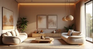 Sala de estar luxuosa com decoração em tons terrosos, móveis modulares e iluminação natural suave