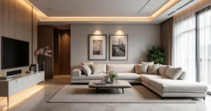 Sala de estar minimalista com decoração elegante, acabamento em cimento queimado e iluminação aconchegante