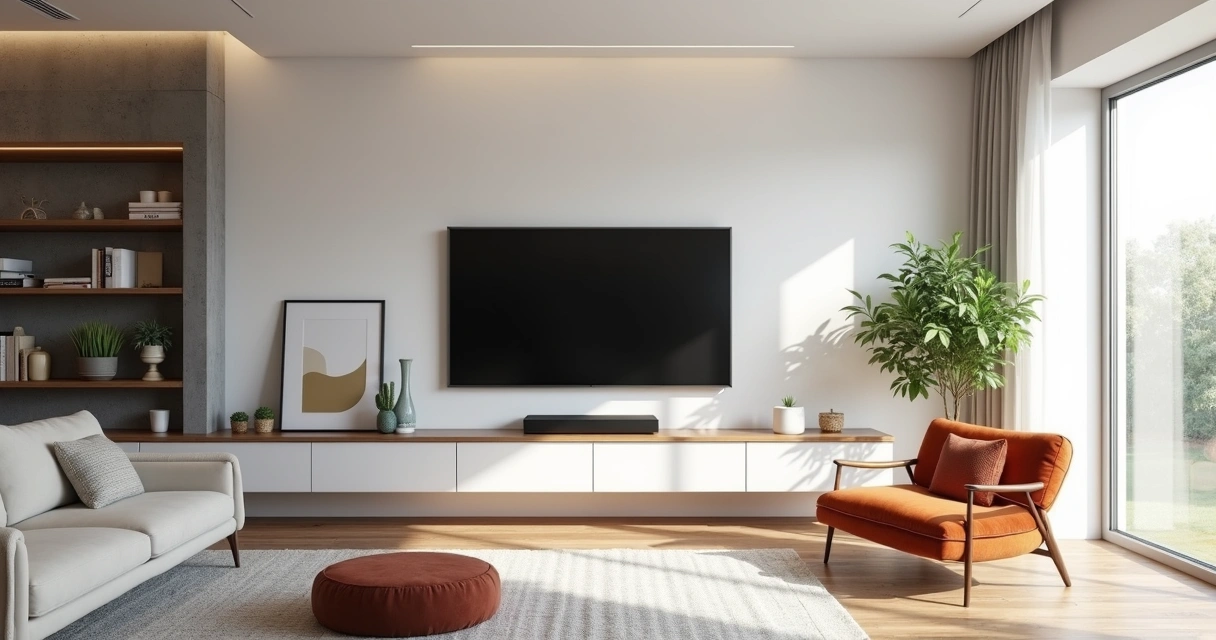 Sala de estar minimalista com parede branca, TV fixada na parede sem painel, rack planejado e decoração com quadros e plantas