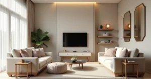 Sala pequena com sofá de dois lugares com pés aparentes, poltronas e decoração funcional